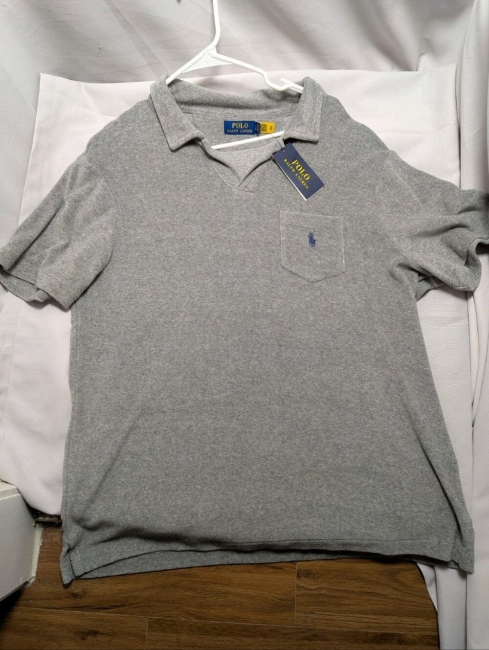 Mens XL New Ralph Lauren Polo Shirt Grey Terry Cloth
V-Neck Pocket Pony Logo